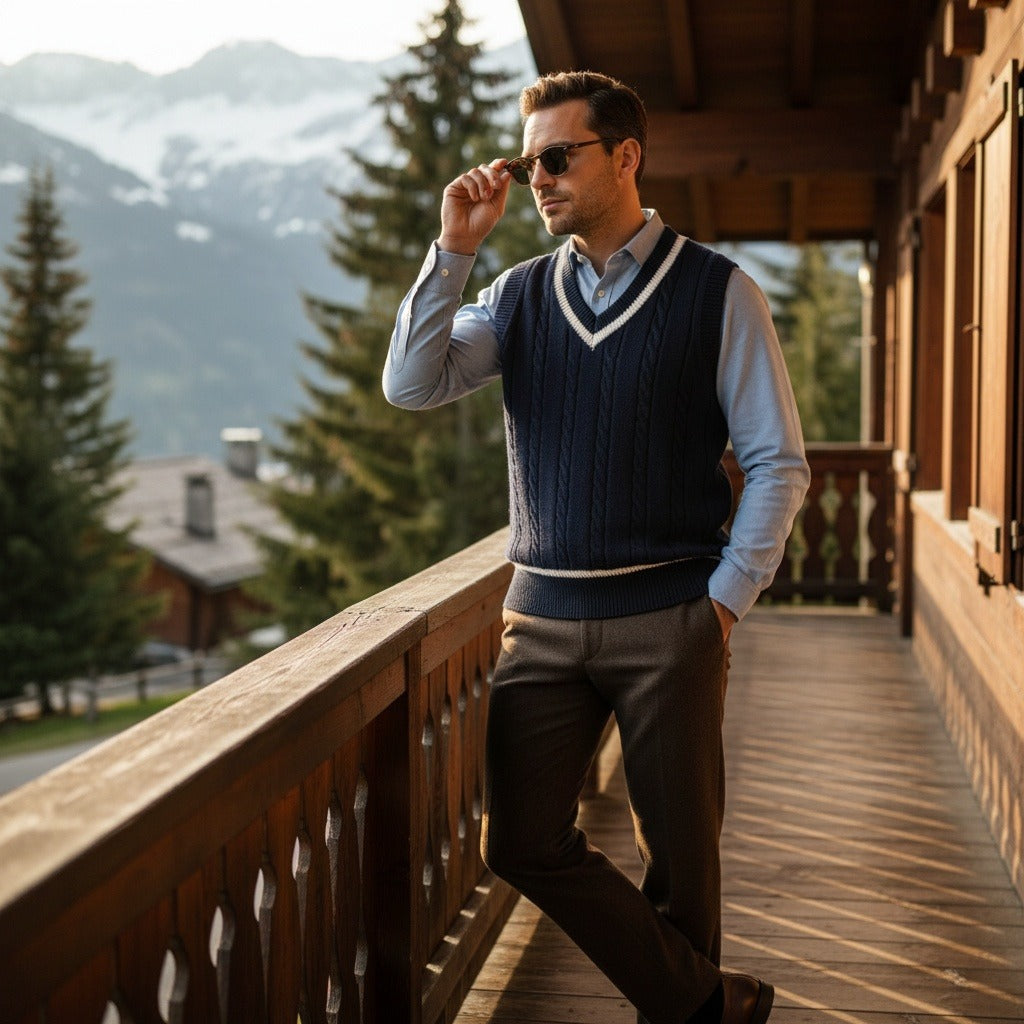 Men's Cable Knit Vest in navy blue, view 2