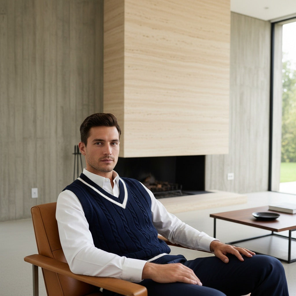 Men's Cable Knit Vest in navy blue, view 3