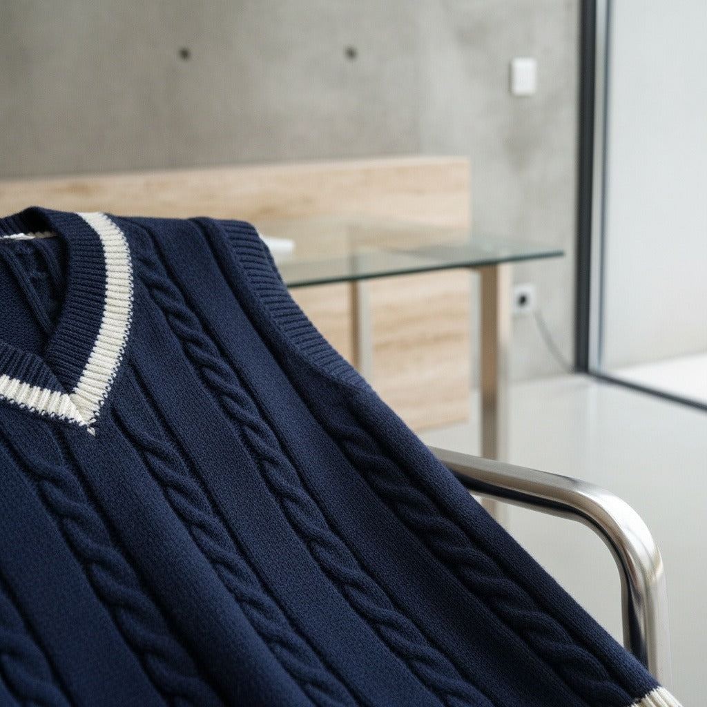 Men's Cable Knit Vest in navy blue, view 4