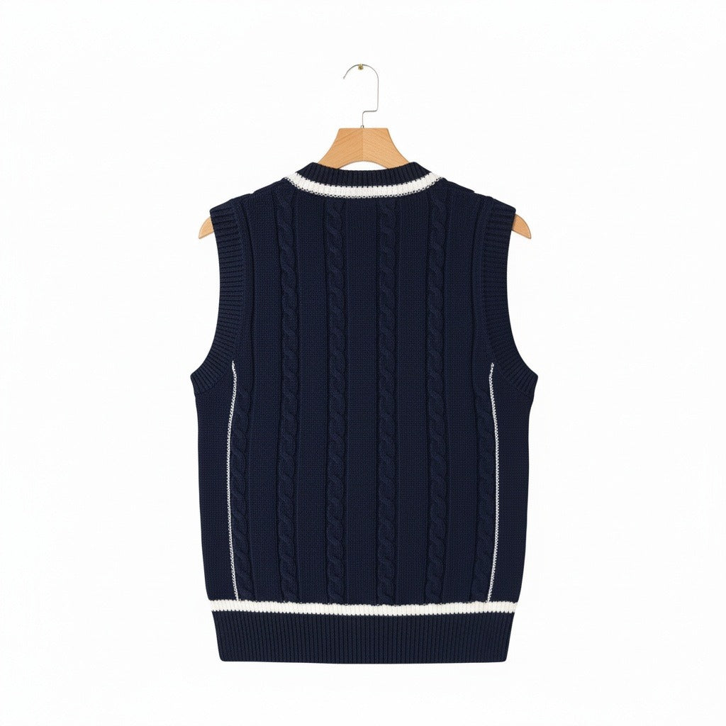 Men's Cable Knit Vest in navy blue, view 5