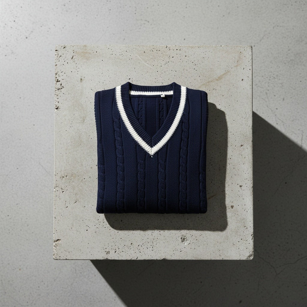 Men's Cable Knit Vest in navy blue, view 7