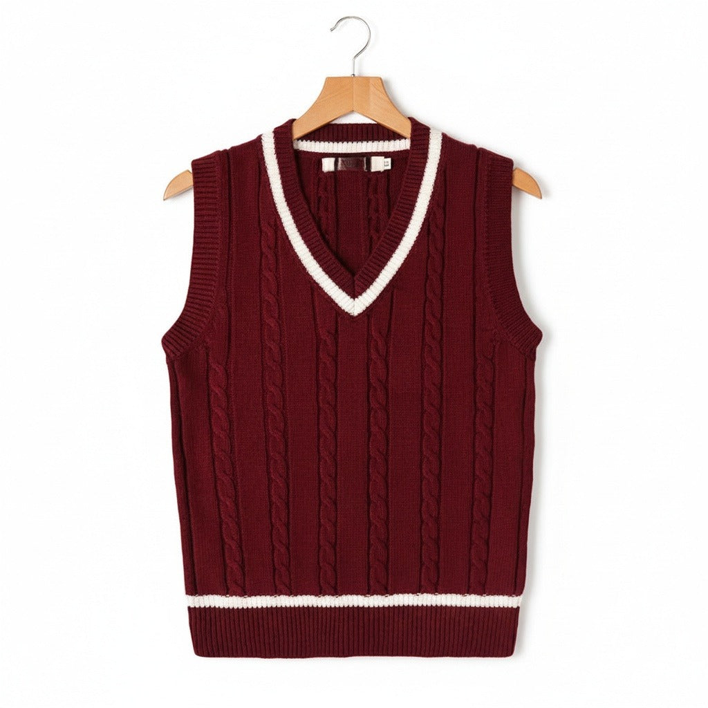 Men's Cable Knit Vest in maroon – Sleeveless V Neck Cricket Jumper