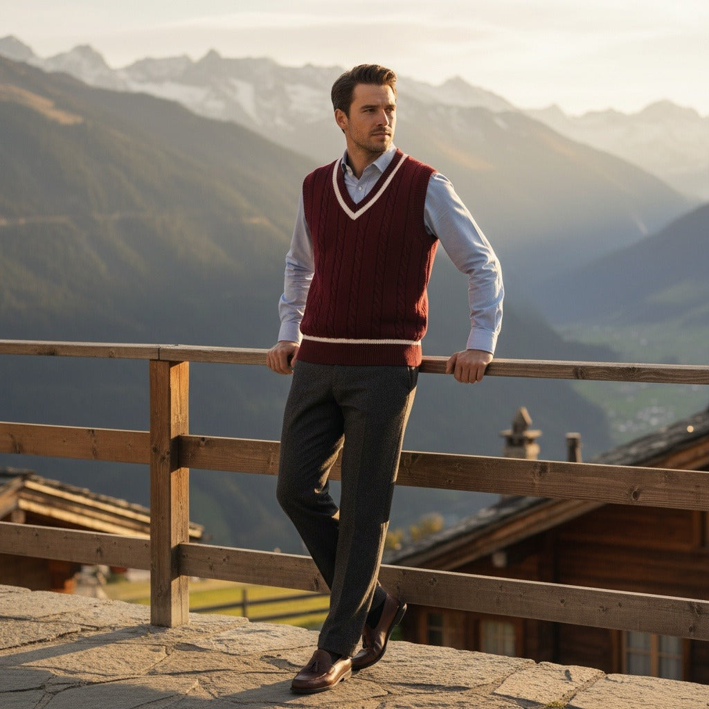 Men's Cable Knit Vest in maroon, view 2