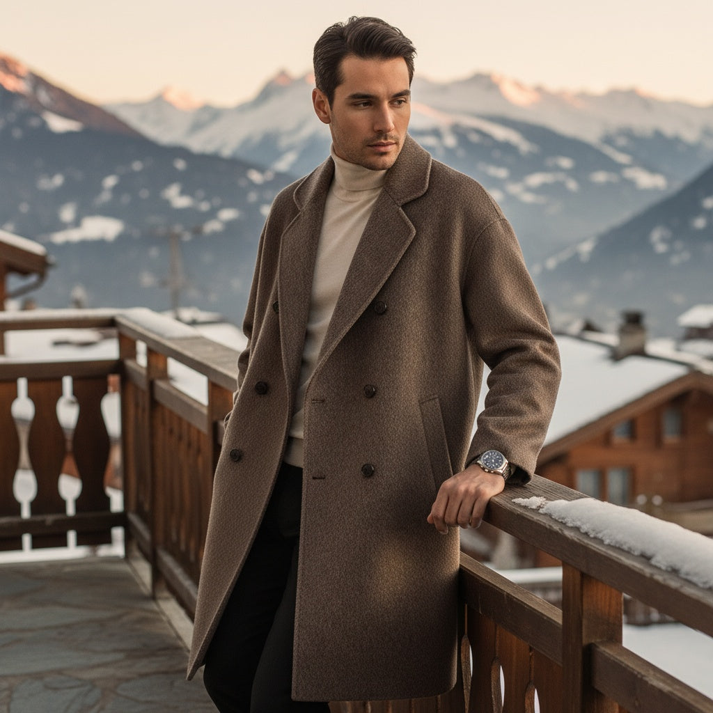 Men's Double Breasted Overcoat – Wool Blend Knee Length Coat