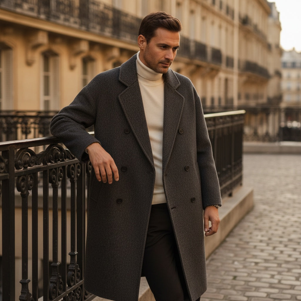 Men's Double Breasted Overcoat – Wool Blend Knee Length Coat