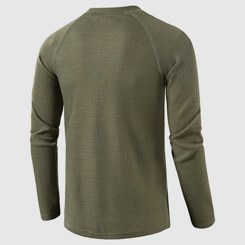 Men's red waffle knit long sleeve henley top
