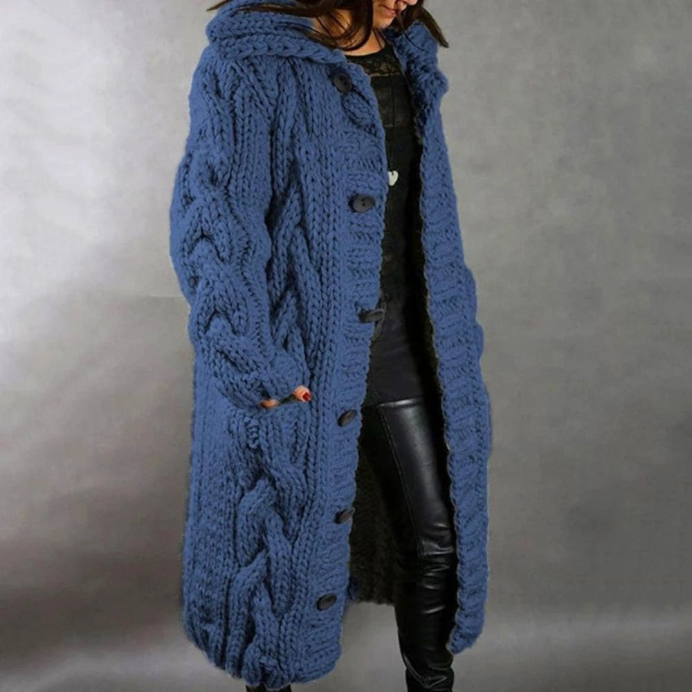 Women's blue longline hooded cable knit cardigan with button front