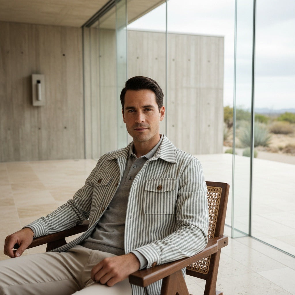 Men's Striped Safari Jacket in sage stripe, view 3