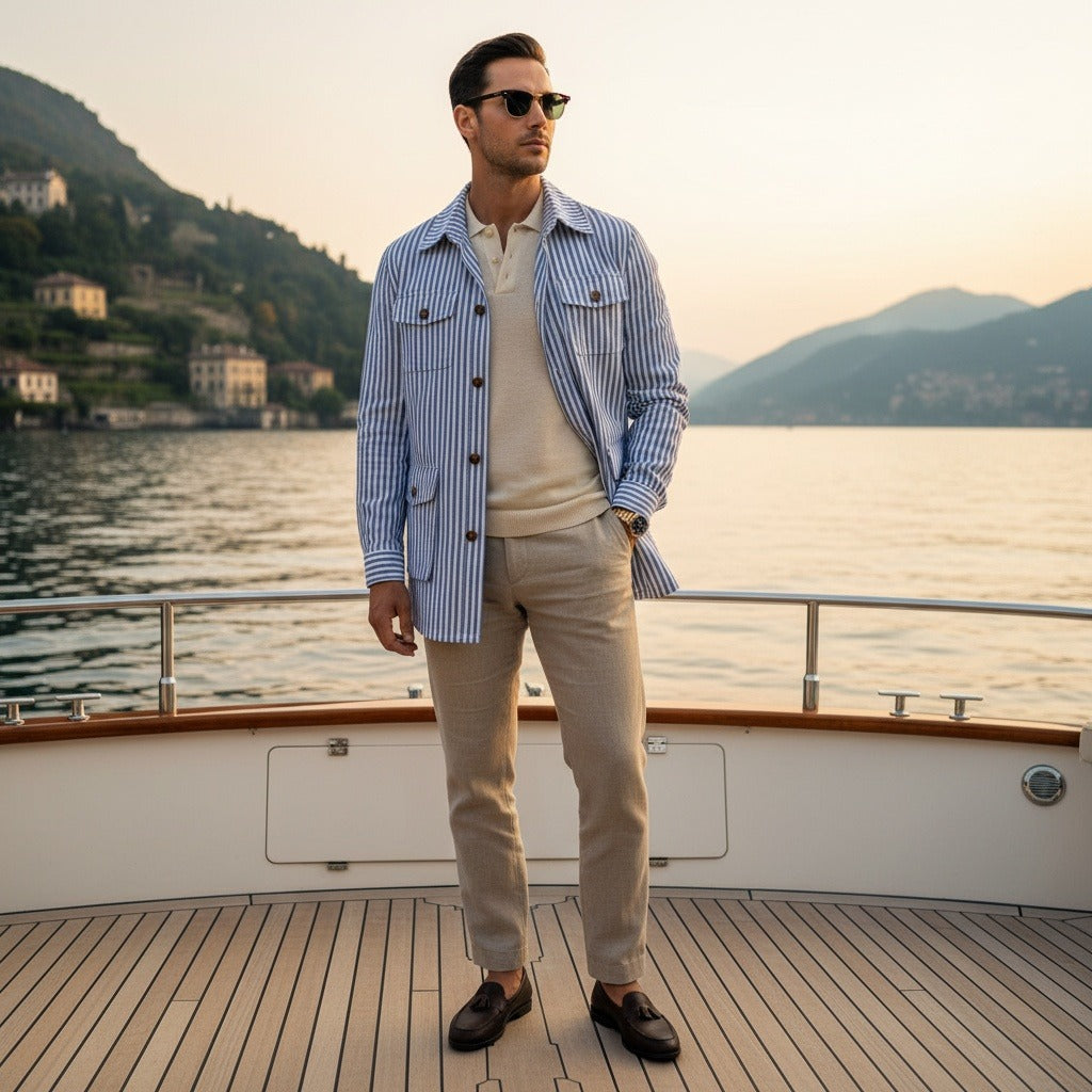 Men's Striped Safari Jacket in blue stripe, view 2