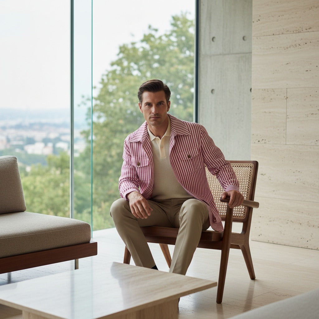 Men's Striped Safari Jacket in rose stripe, view 3