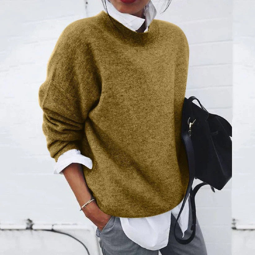 Women's ochre oversized crew neck knit jumper with dropped shoulders