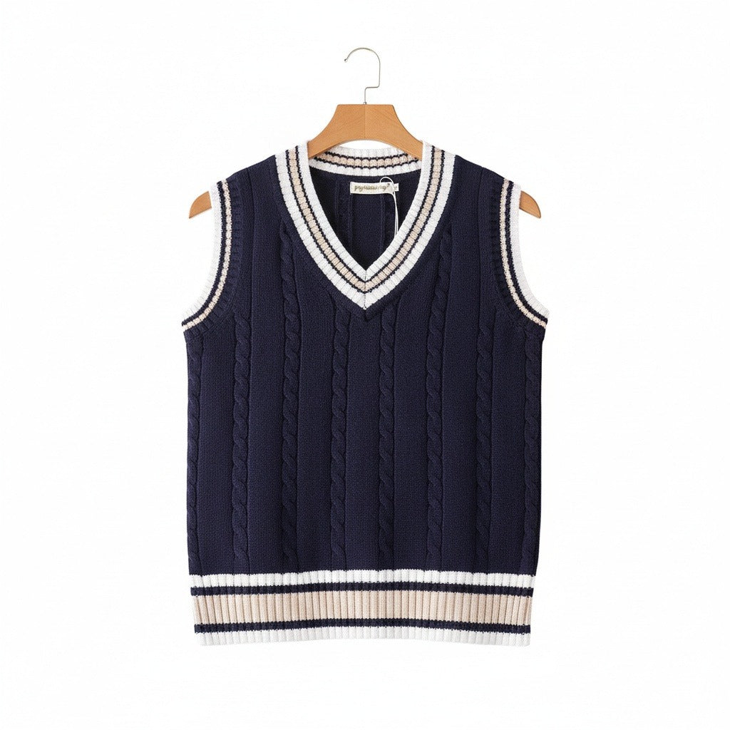 Men's Cricket Jumper in navy blue – Sleeveless Cable Knit V Neck Vest