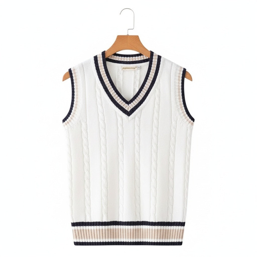 Men's Cricket Jumper in midnight blue – Sleeveless Cable Knit V Neck Vest