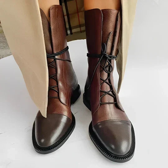 Women's Mid Calf Boots in brown – Lace Up Cap Toe Boots