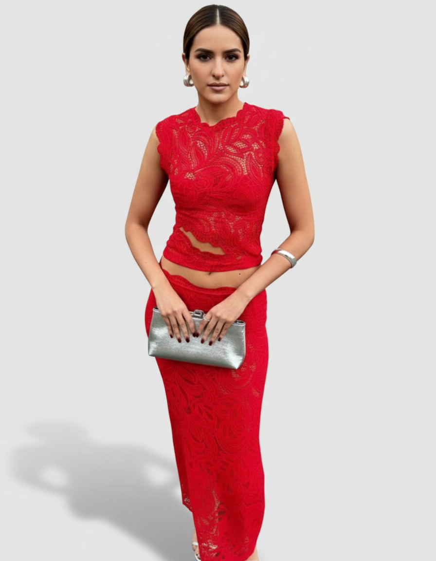 Women's Co-ord Set in red – Lace Sleeveless Top and Maxi Skirt