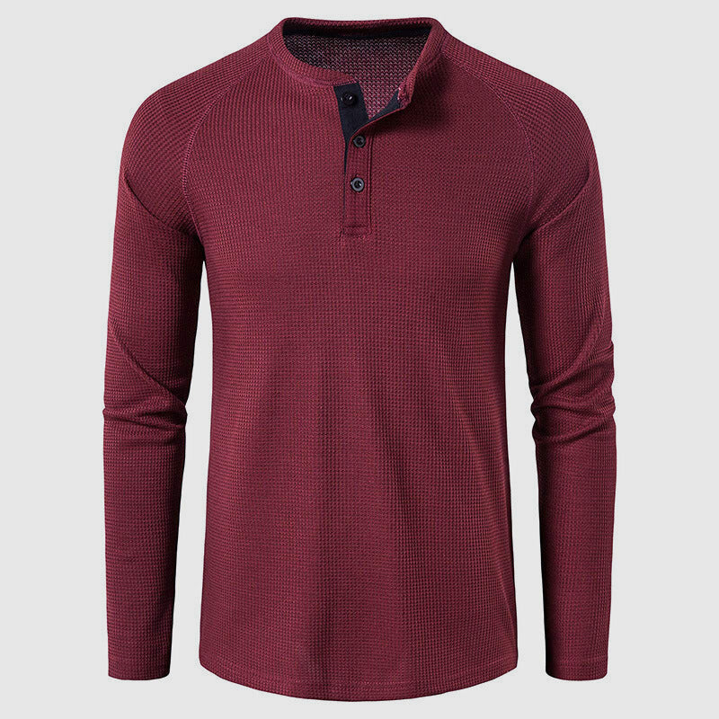 Men's waffle knit henley shown flat with sleeves extended