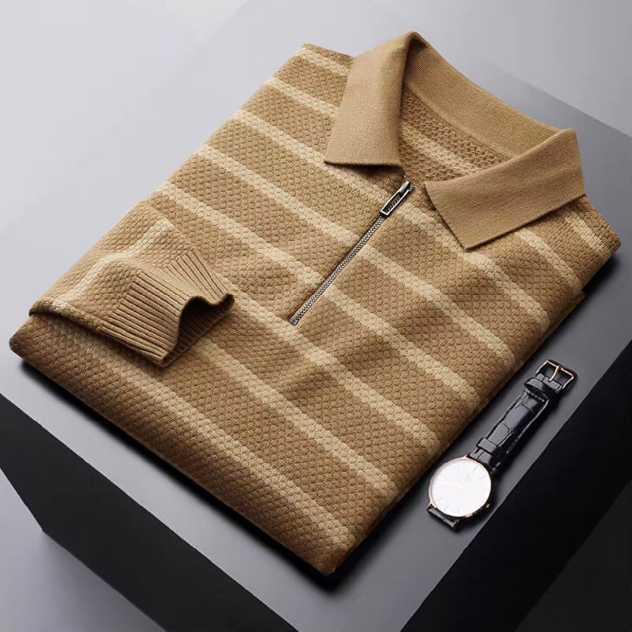 Men's Striped Quarter Zip Polo in Khaki