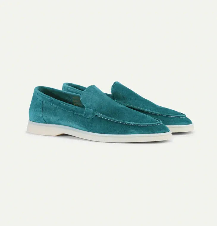 Men's Suede Loafers – Dusty Blue Slip On Shoes with White Sole