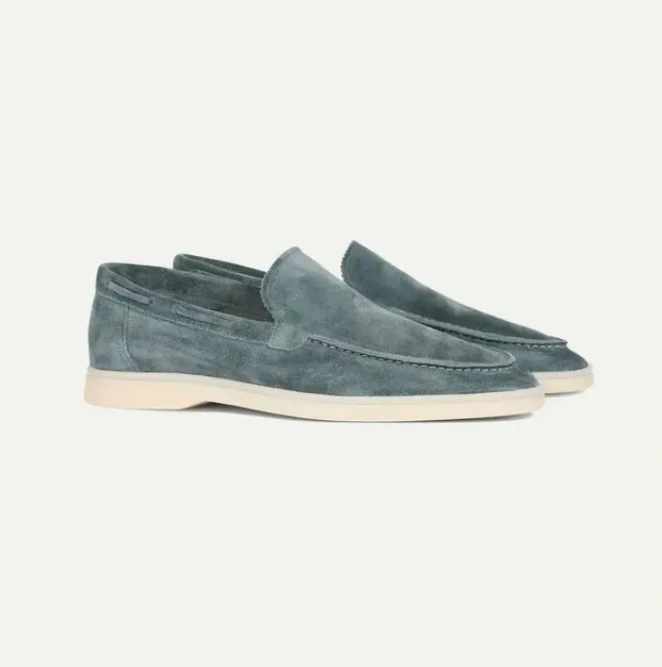 Men's Suede Loafers – Dusty Blue Slip On Shoes with White Sole