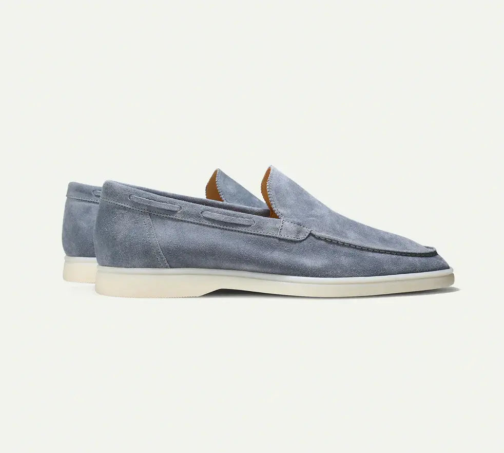 Men's Suede Loafers – Dusty Blue Slip On Shoes with White Sole