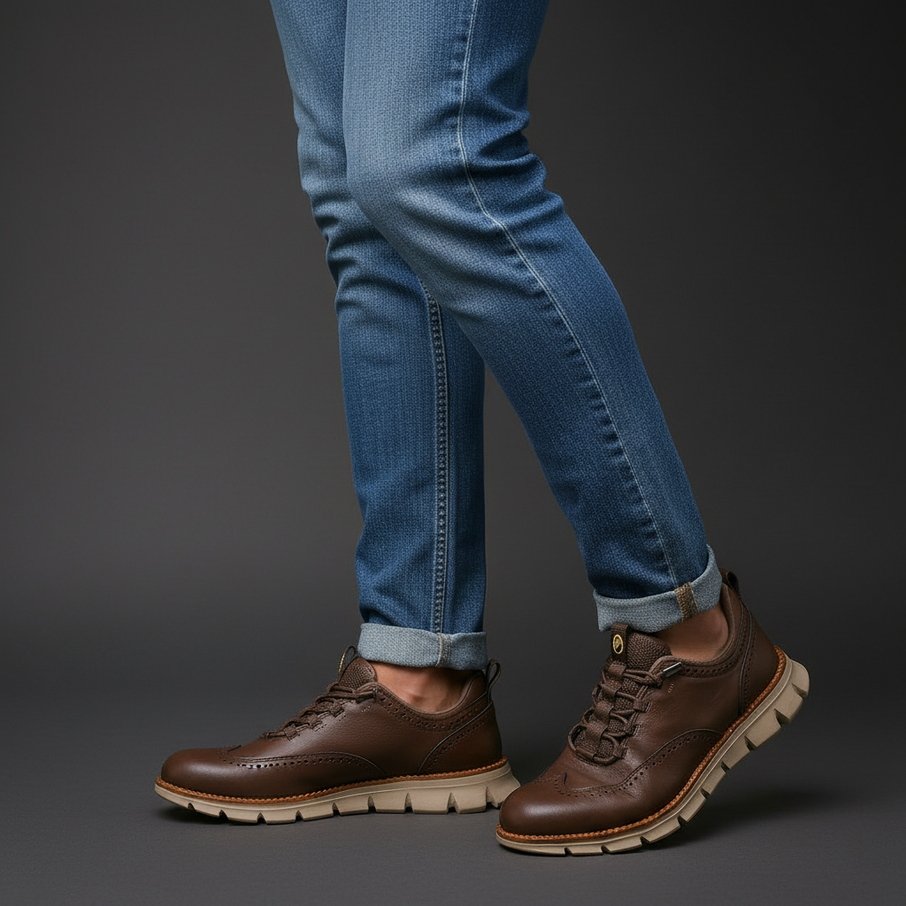 Man wearing wingtip brogue trainers standing, front view