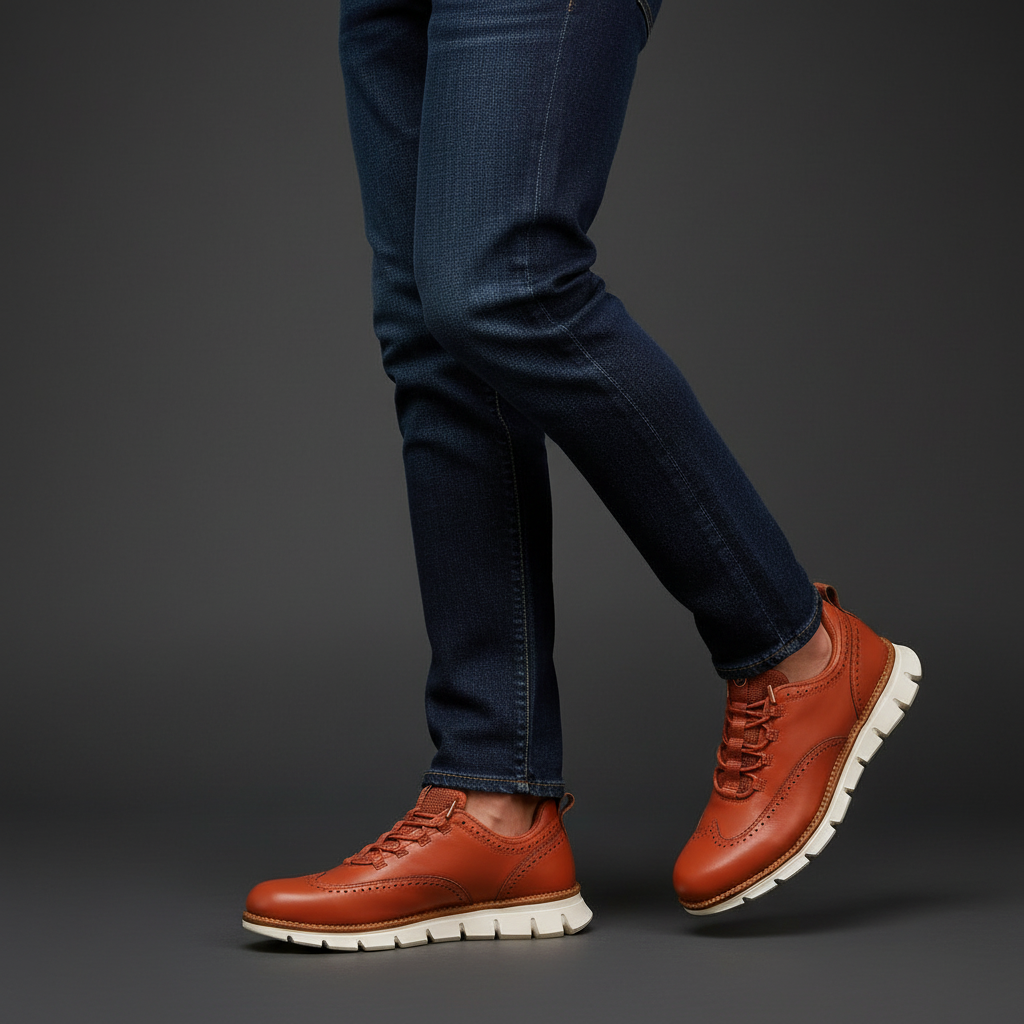 Man in wingtip brogue trainers and smart casual outfit, side view