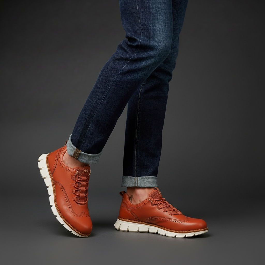 Man wearing wingtip brogue trainers with chinos, full length