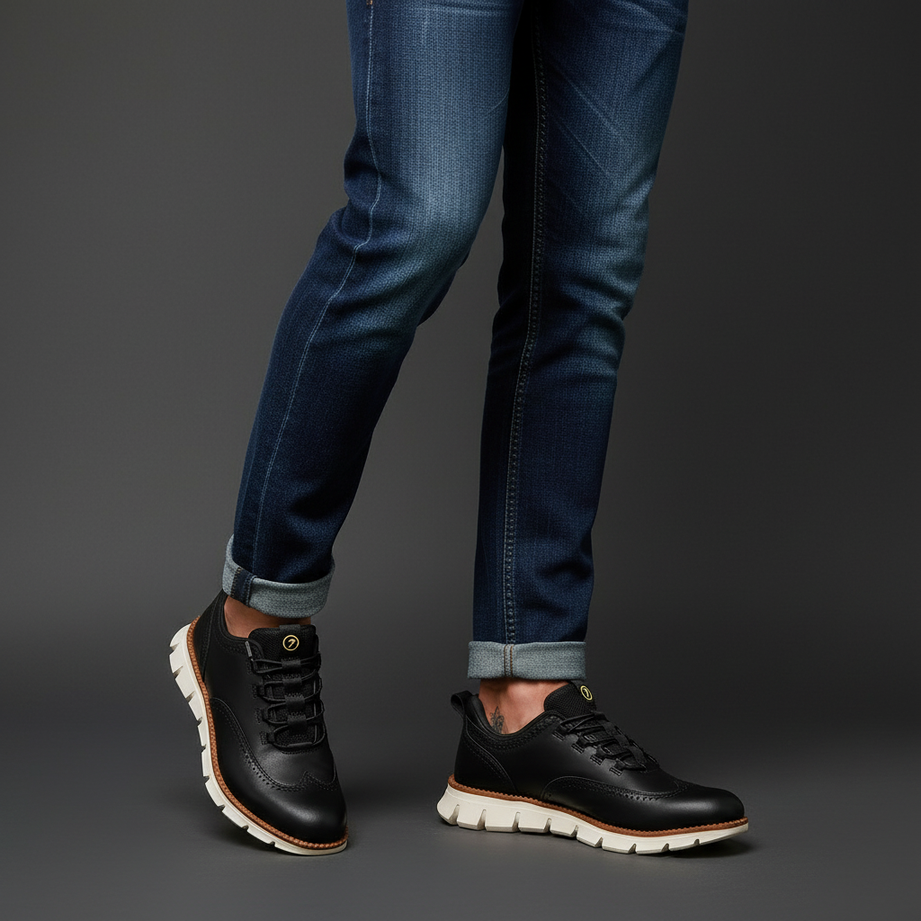 Man wearing wingtip brogue trainers seated, detail of shoe