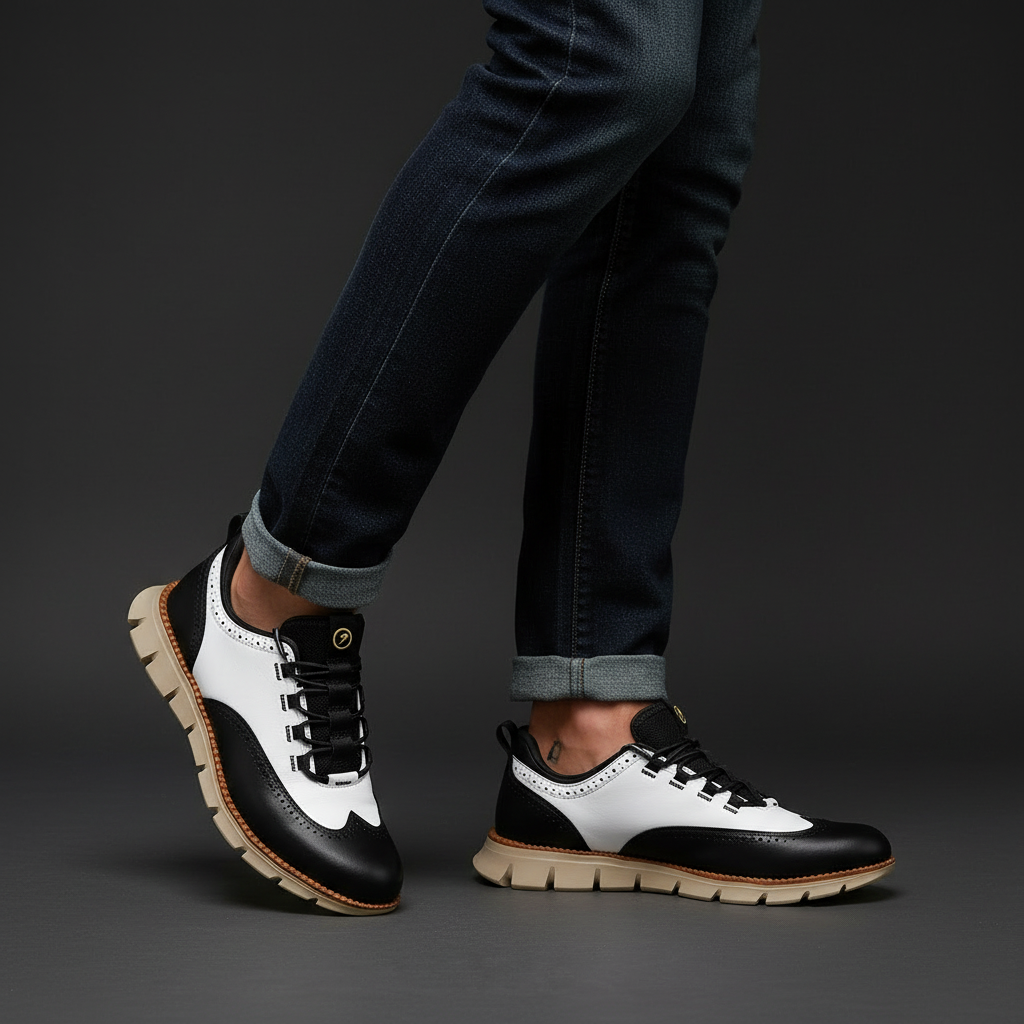 Man in wingtip brogue trainers walking, three quarter view