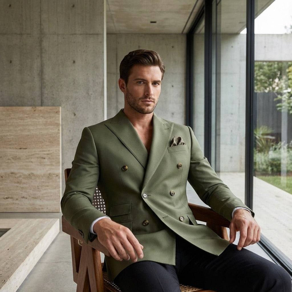 Men's Double Breasted Suit in army green, view 3