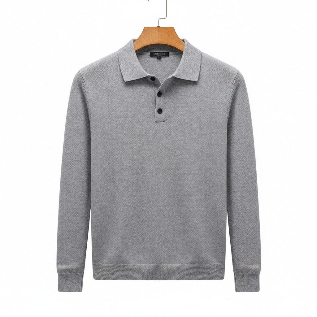 Men's Knitted Polo Shirt in grey – Long Sleeve Fine Knit Polo