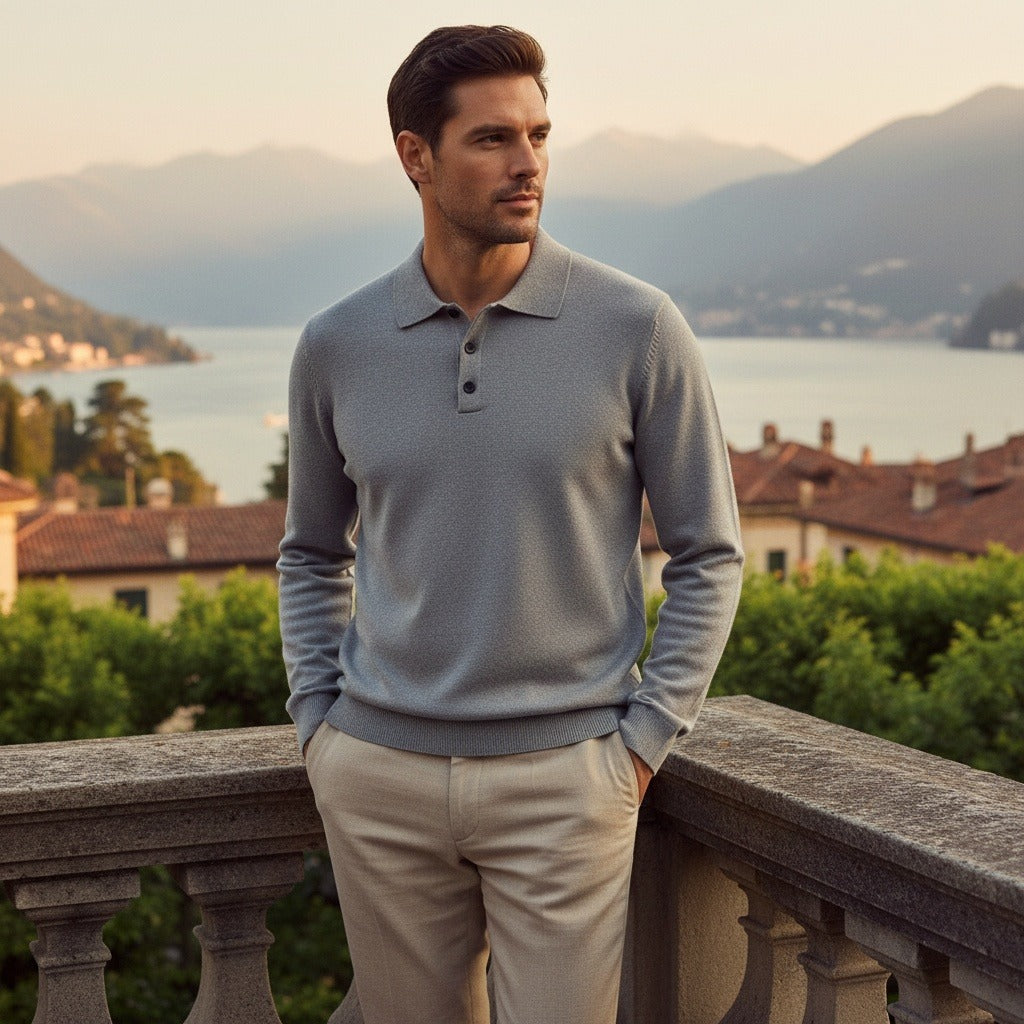 Men's Knitted Polo Shirt in grey, view 2