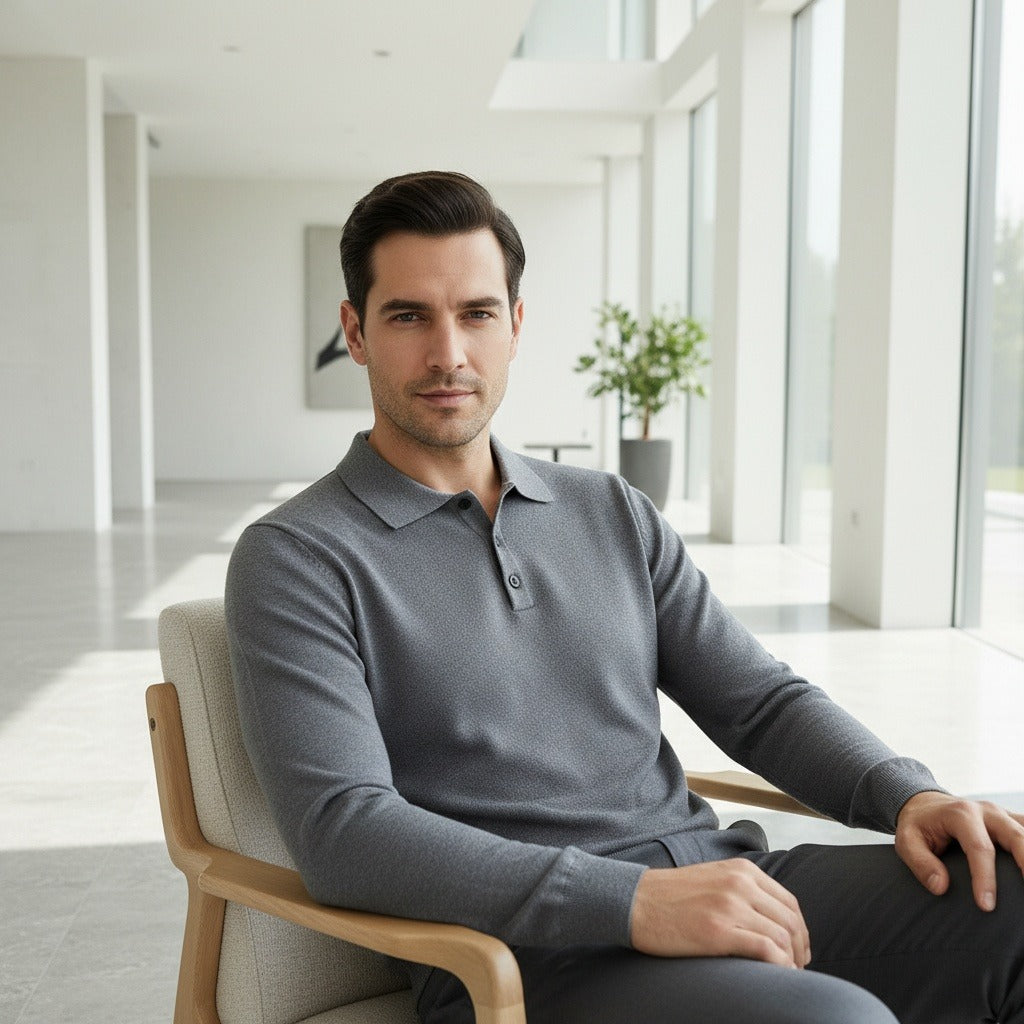 Men's Knitted Polo Shirt in grey, view 3