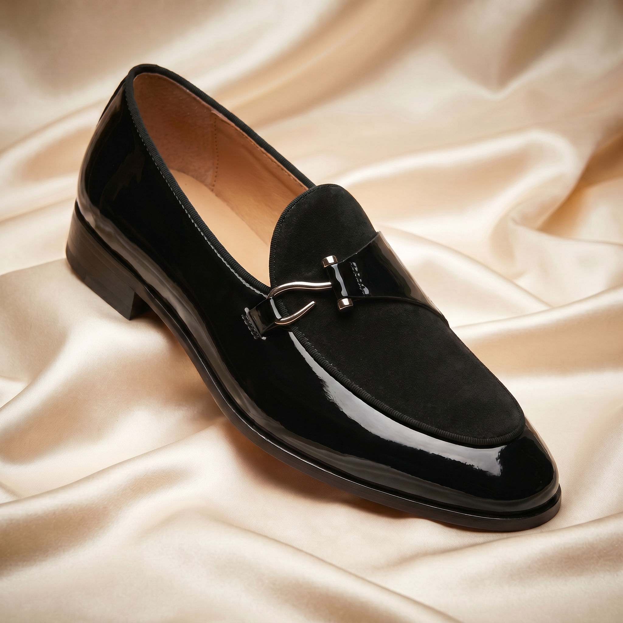 Men's Bit Loafers with Patent Finish and Suede Look Vamp