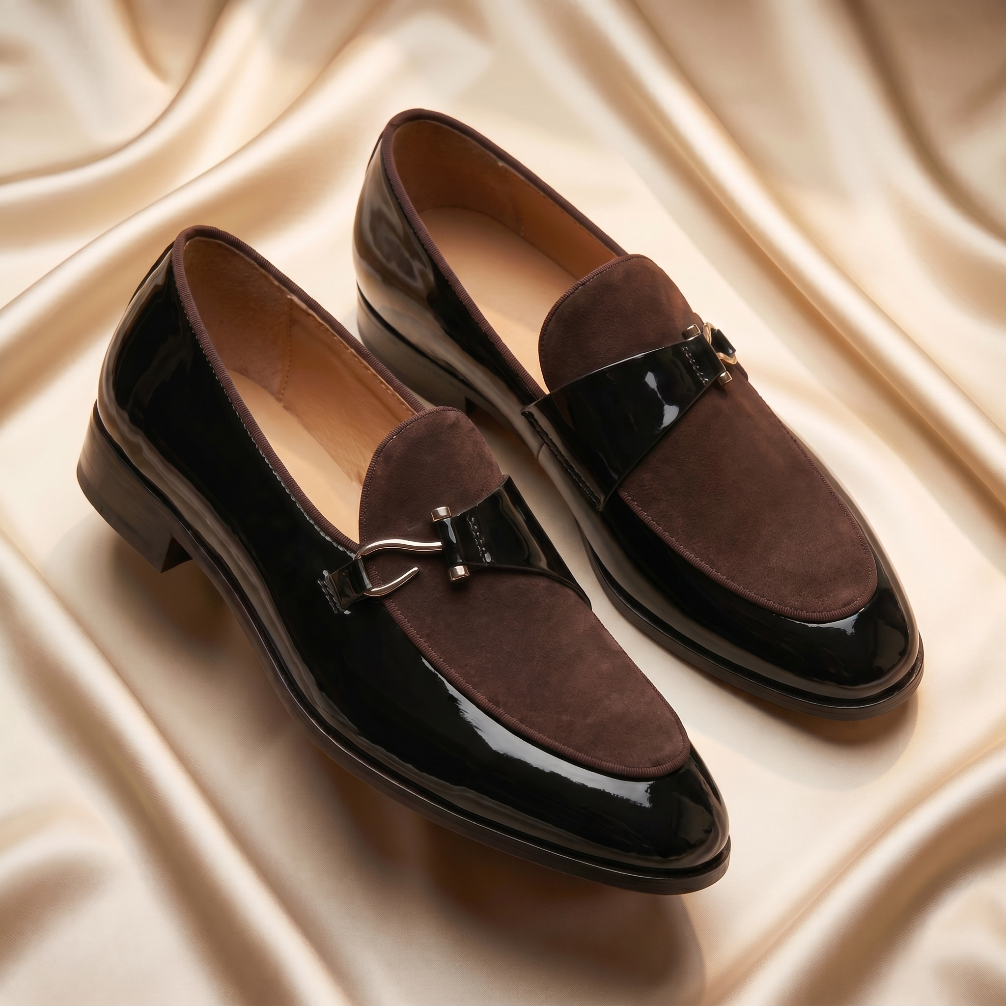 Men's Bit Loafers with Patent Finish and Suede Look Vamp