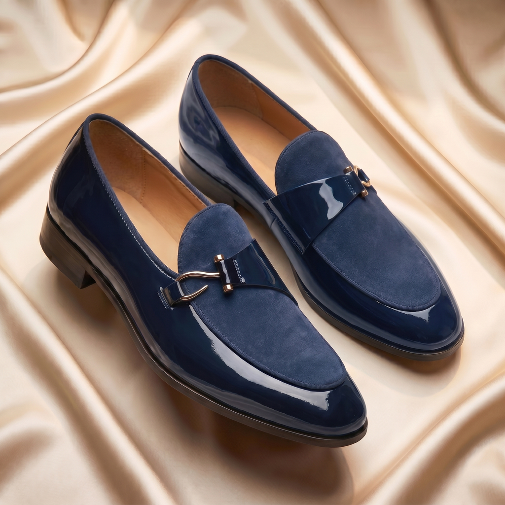 Men's Bit Loafers with Patent Finish and Suede Look Vamp