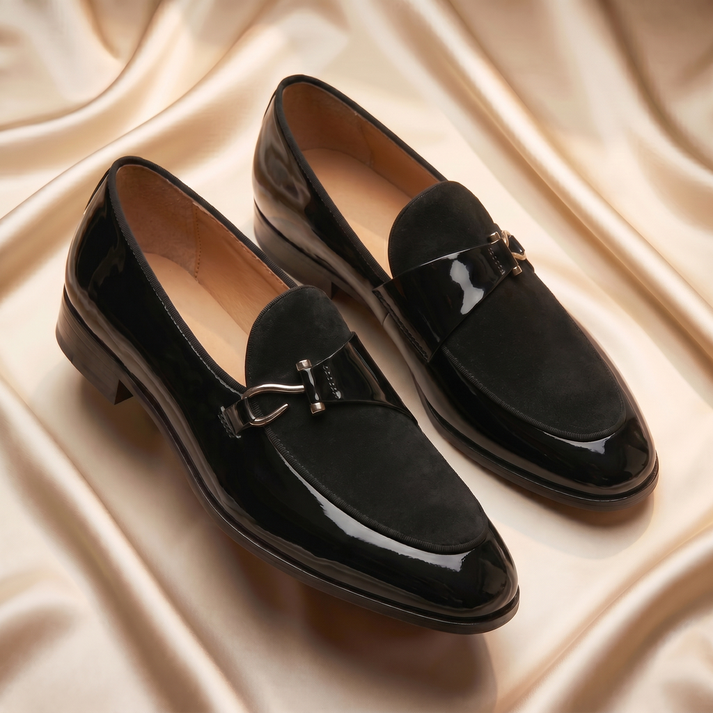 Men's Bit Loafers with Patent Finish and Suede Look Vamp
