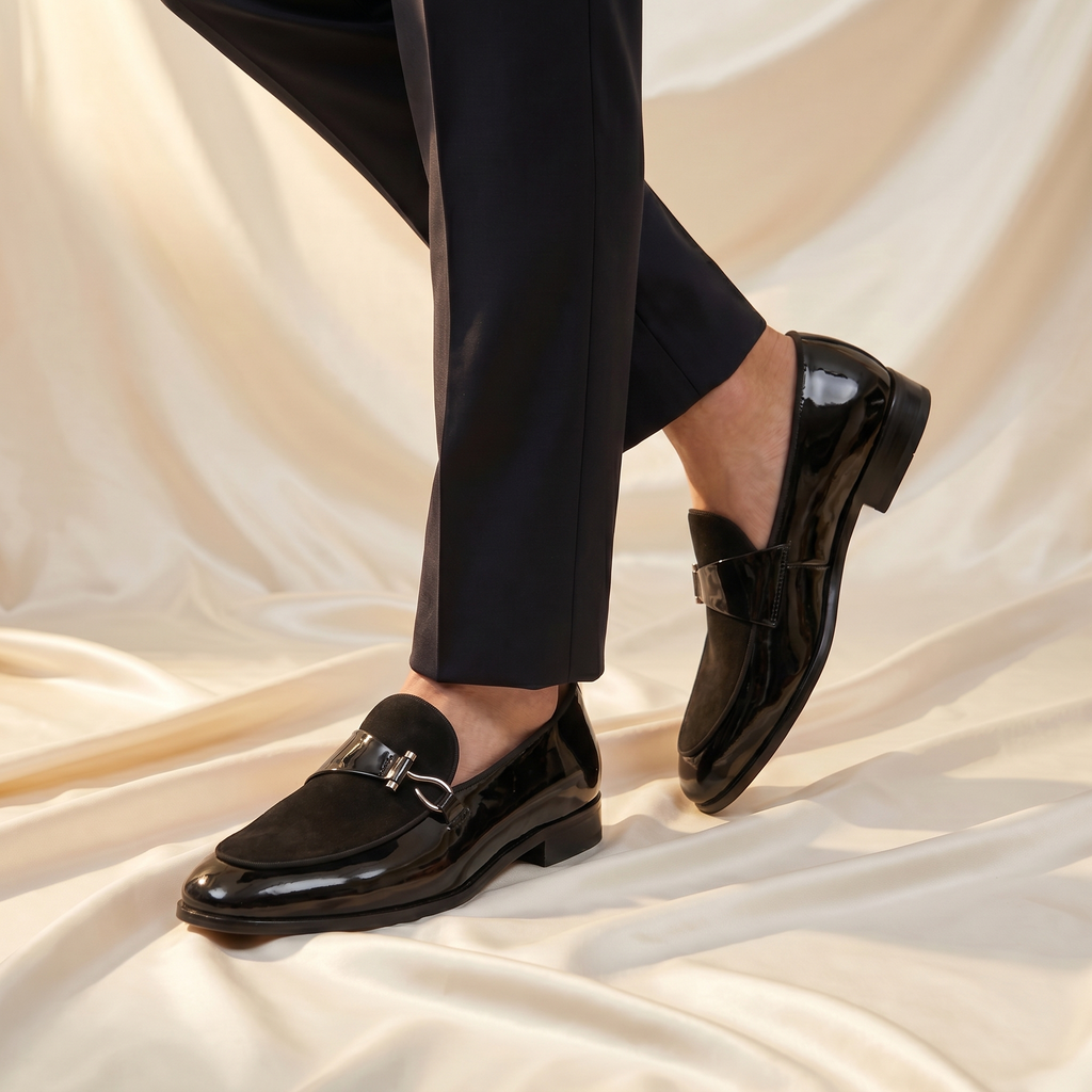 Men's Bit Loafers with Patent Finish and Suede Look Vamp