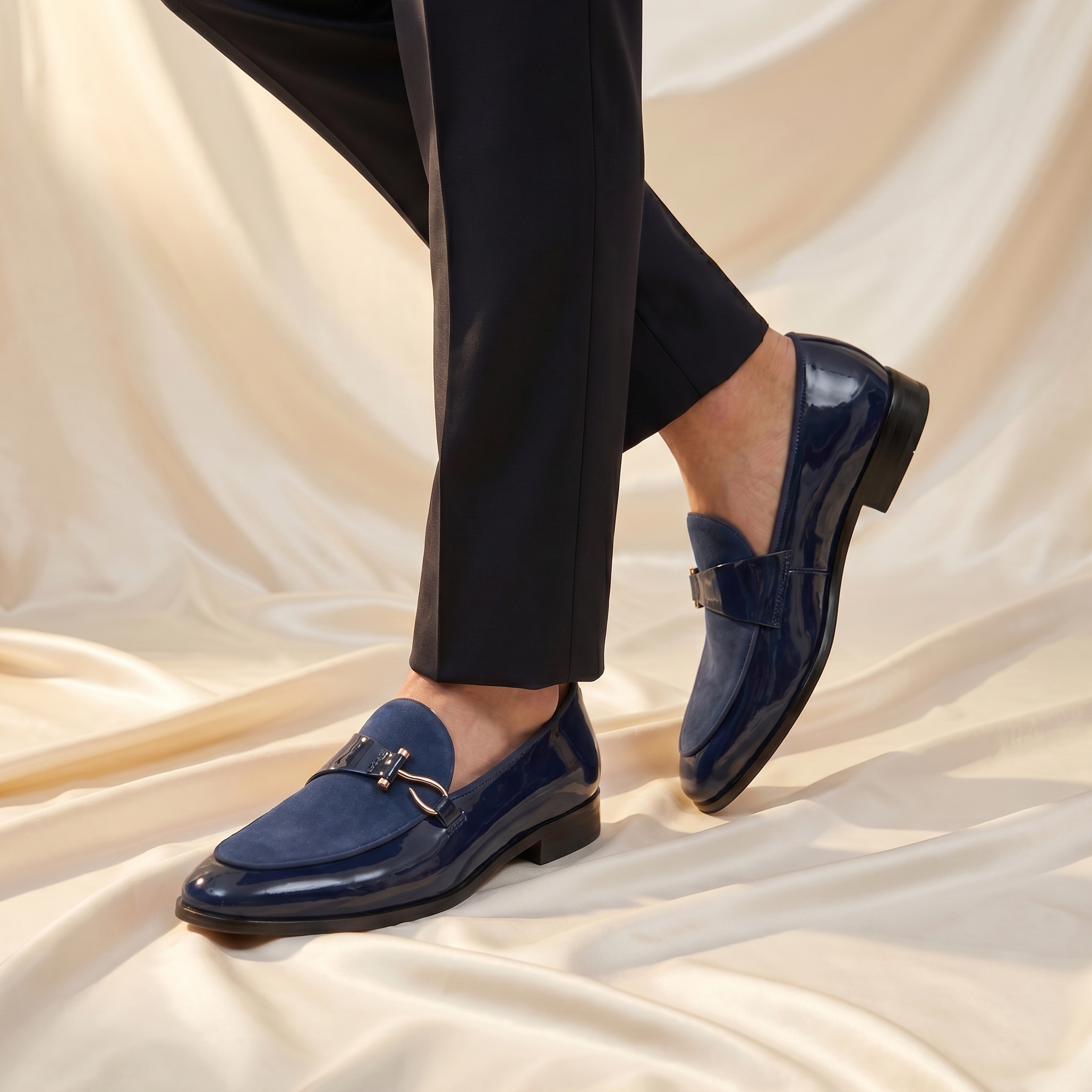 Men's Bit Loafers with Patent Finish and Suede Look Vamp