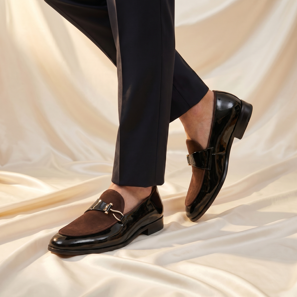 Men's Bit Loafers with Patent Finish and Suede Look Vamp