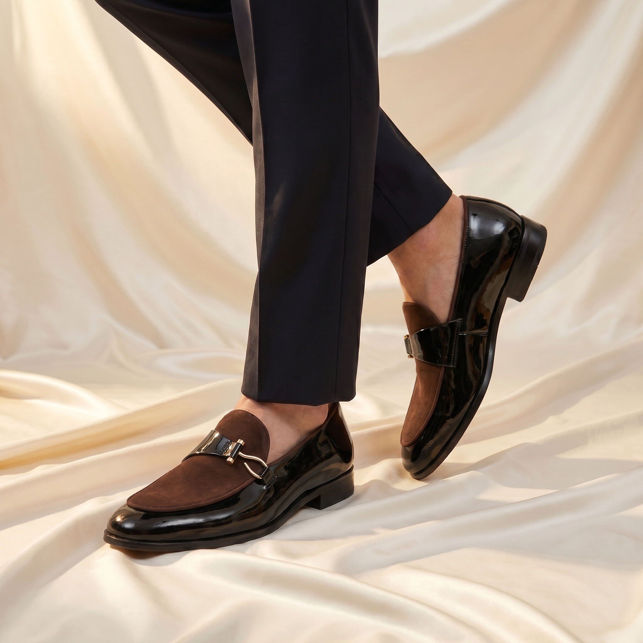 Men's Bit Loafers with Patent Finish and Suede Look Vamp