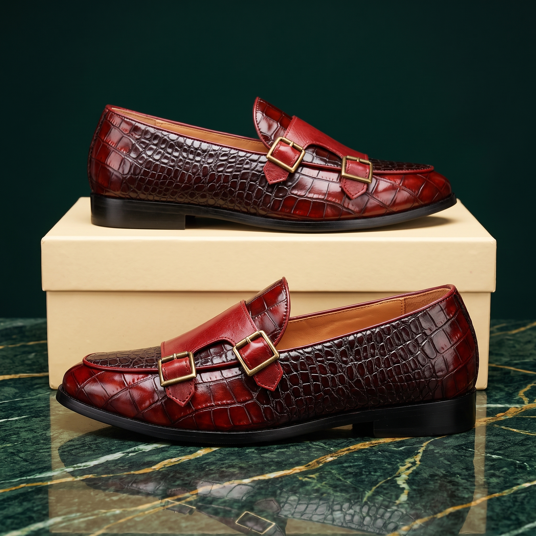 Men's Croc Effect Loafers with Double Buckle Detail
