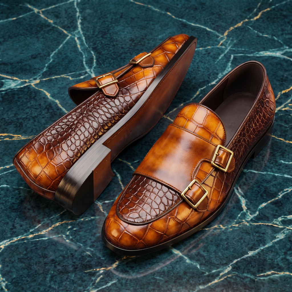 Men's Croc Effect Loafers with Double Buckle Detail