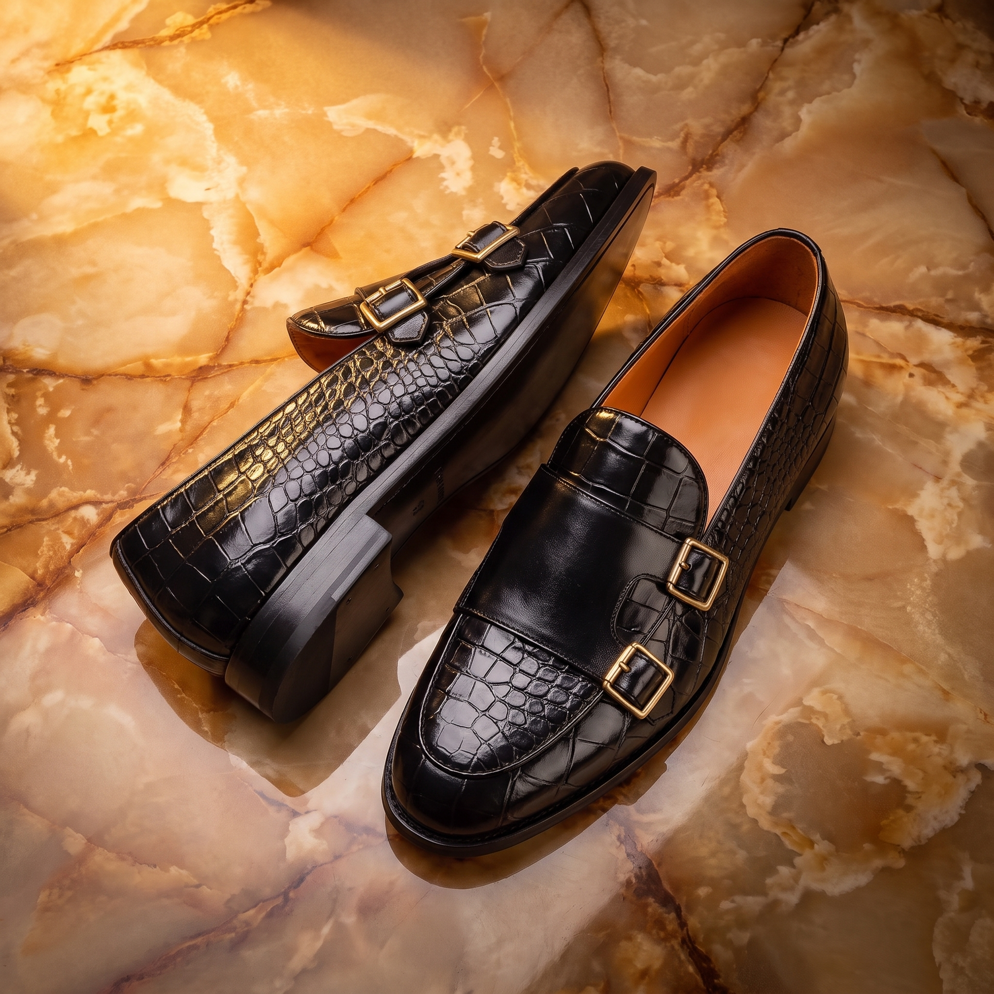 Men's Croc Effect Loafers with Double Buckle Detail