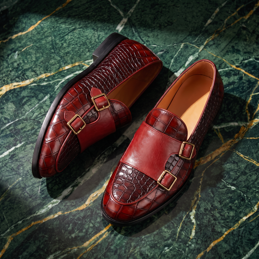 Men's Croc Effect Loafers with Double Buckle Detail
