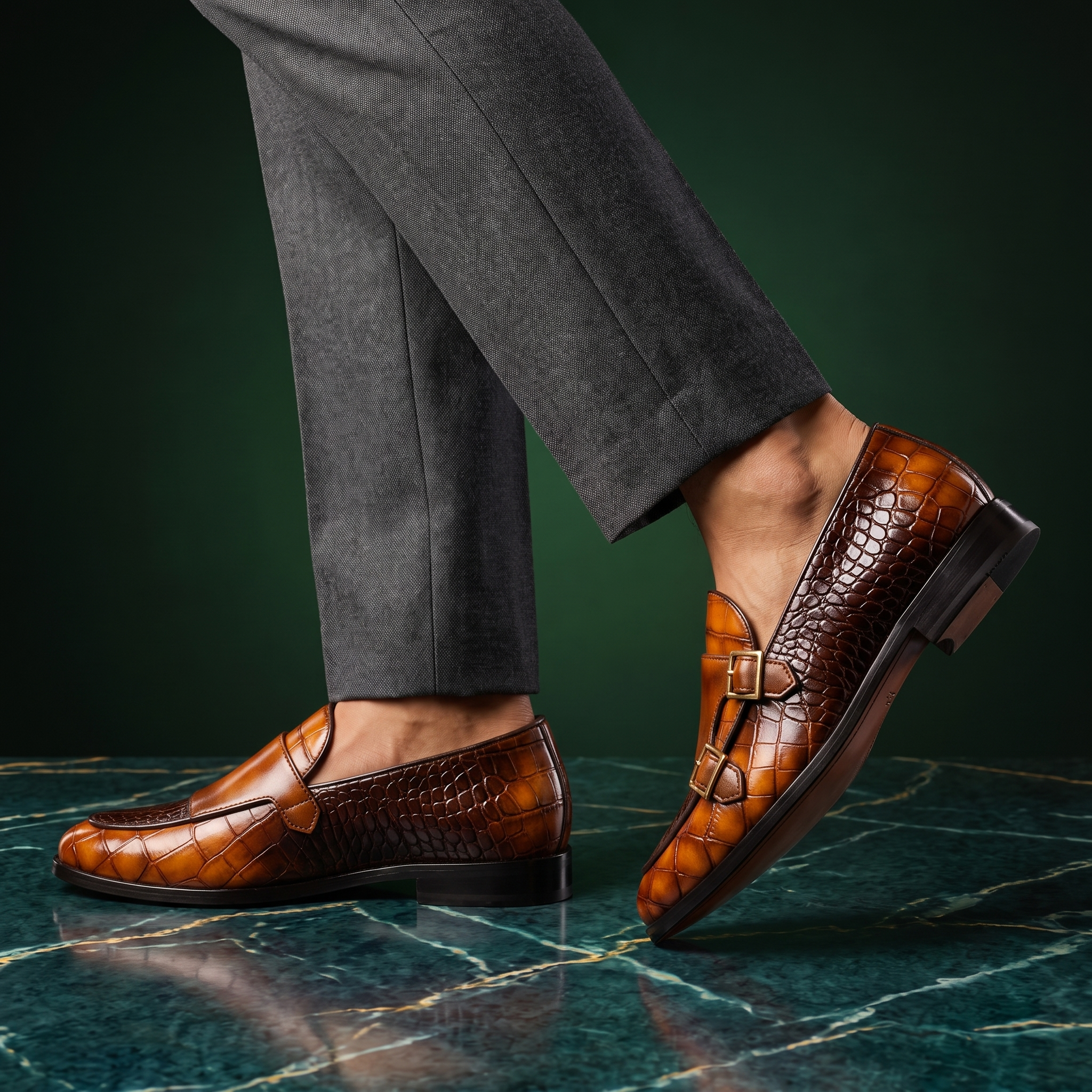 Men's Croc Effect Loafers with Double Buckle Detail