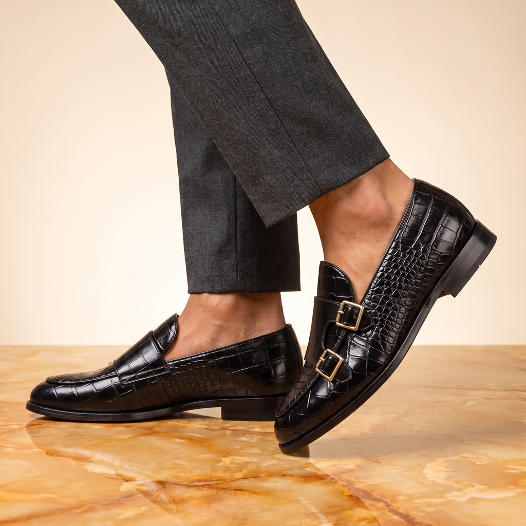 Men's Croc Effect Loafers with Double Buckle Detail