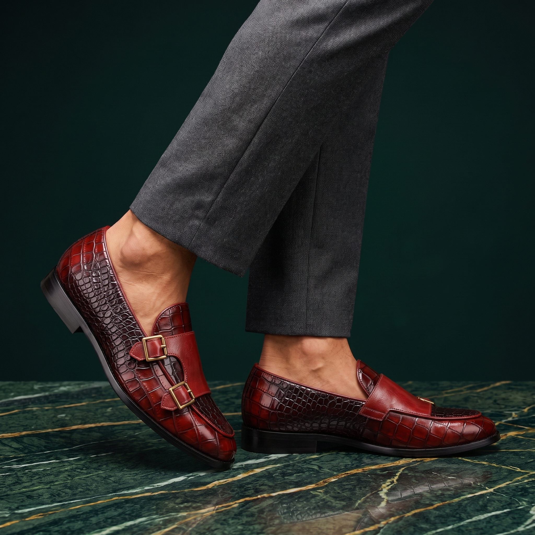 Men's Croc Effect Loafers with Double Buckle Detail