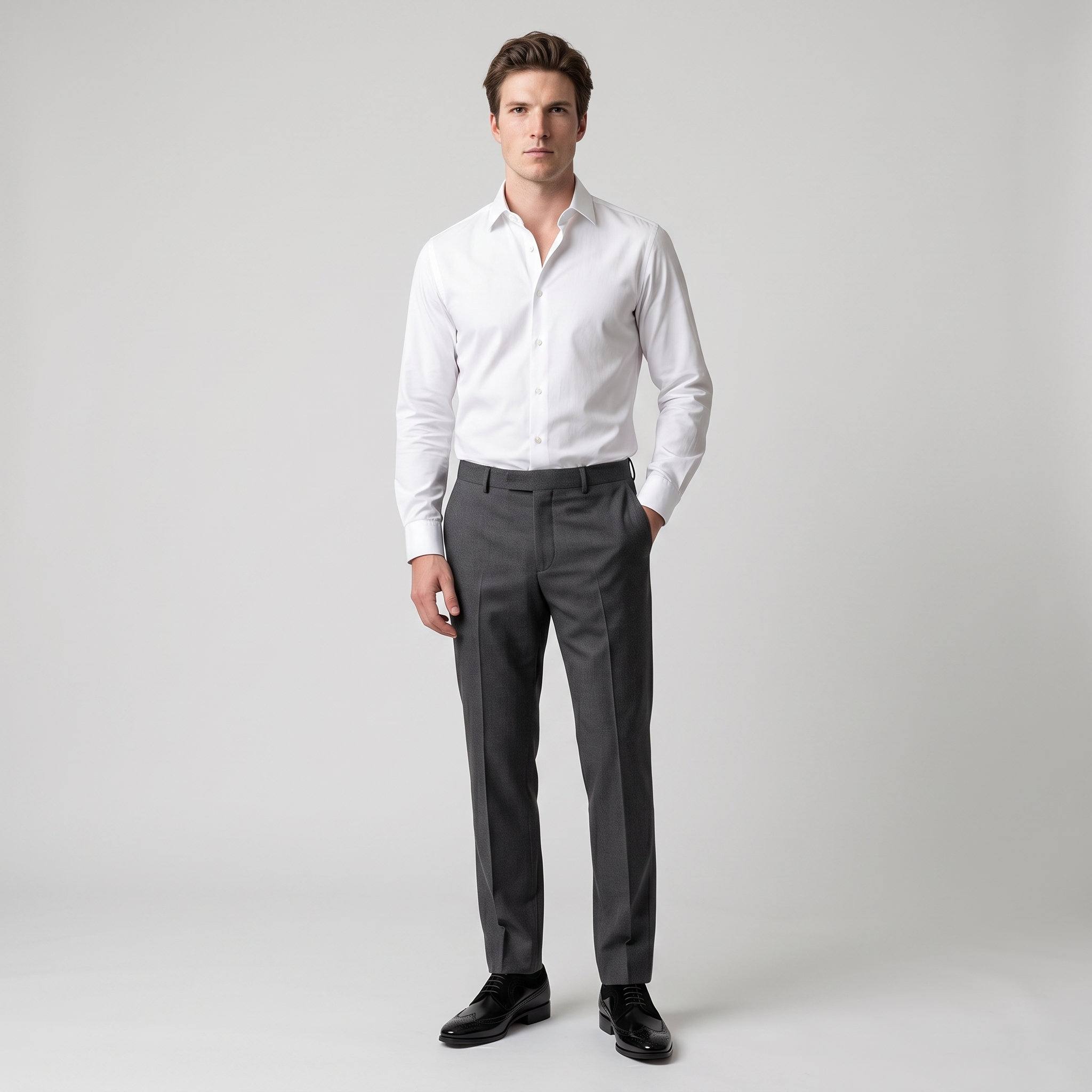 Man wearing black wingtip brogue Derby shoes with a charcoal suit and white shirt