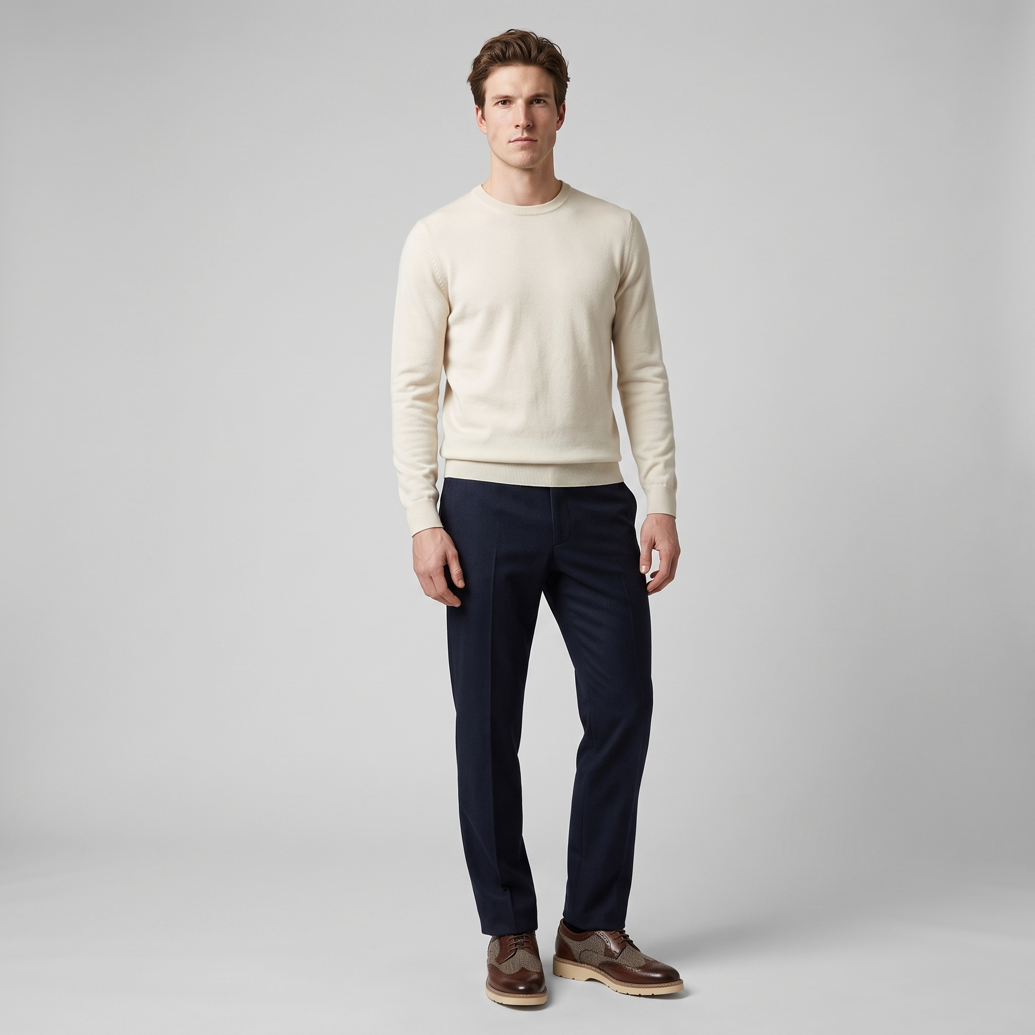 Man wearing brown tweed panel brogues with navy trousers and a cream knit jumper